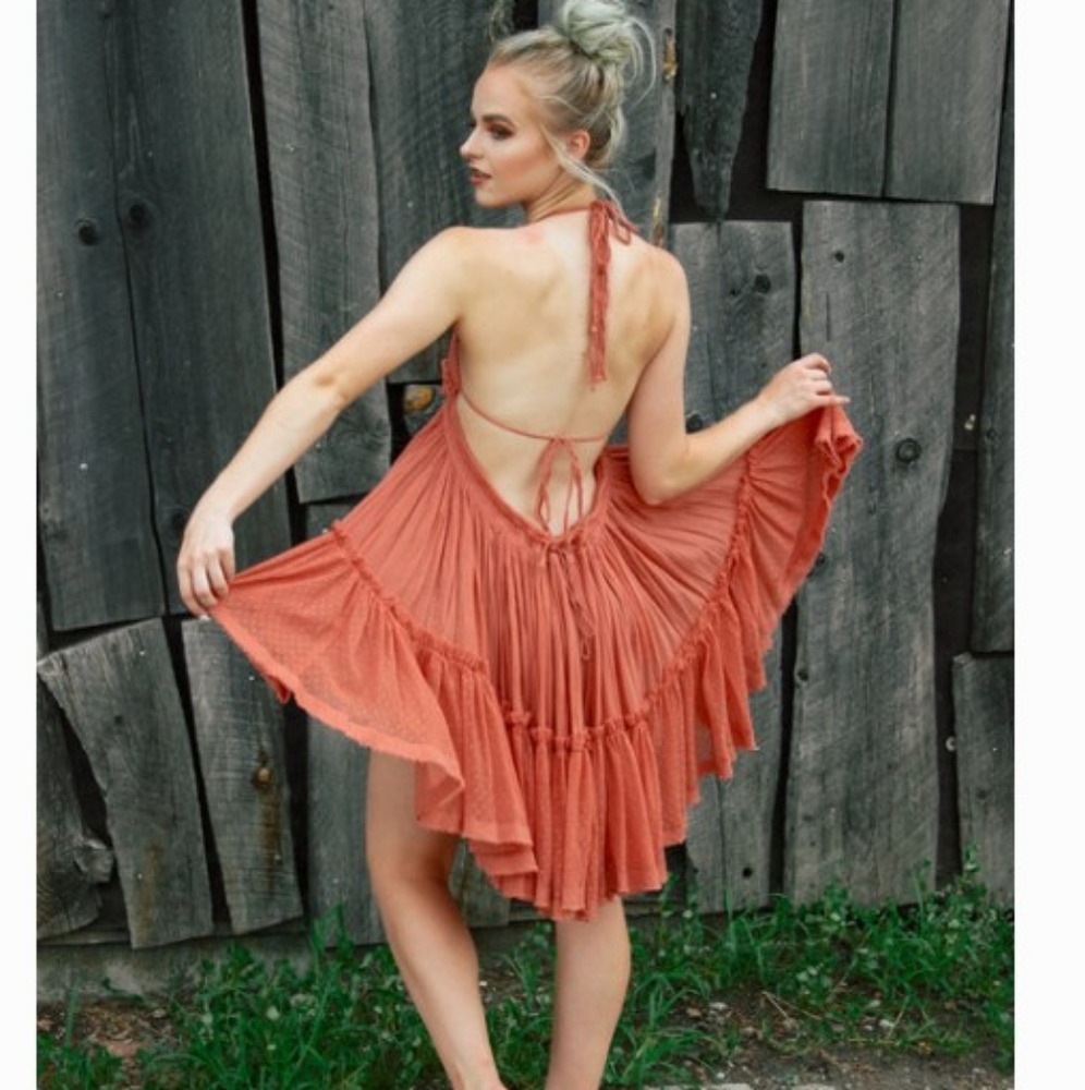 New Bohemian Plunge Halter Swiss Dot Mini Dress - Picture 4 of 8